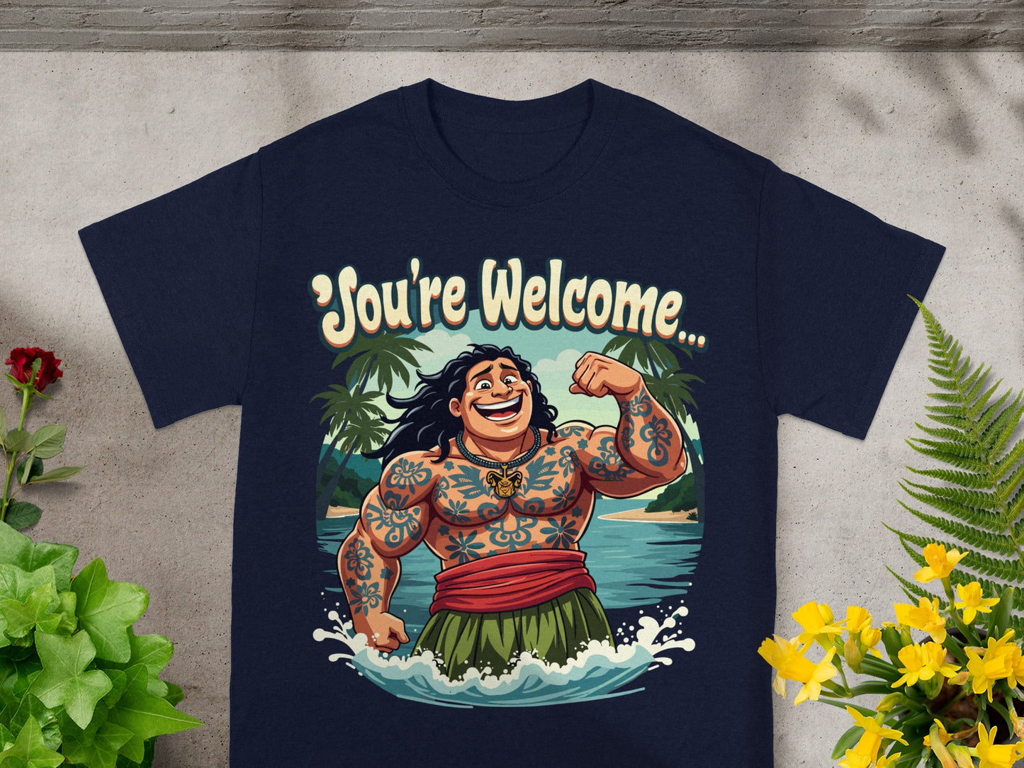 T-shirt with cartoon man saying "You're Welcome" in ocean water.