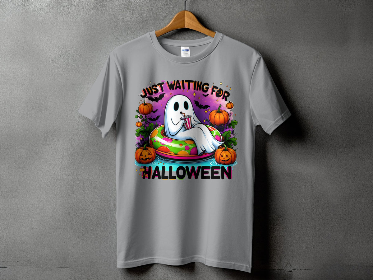 Grey t-shirt with a ghost graphic reading "Just Waiting For Halloween".