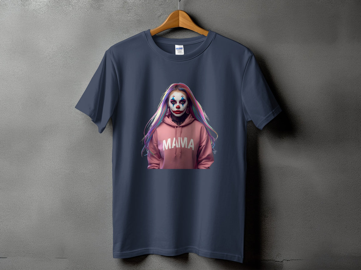 Dark gray t-shirt with a graphic of a person in clown makeup wearing a pink hoodie with "MAMA" text.