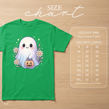 Green Gildan 5000 t-shirt with cute ghost holding pumpkin and size chart.