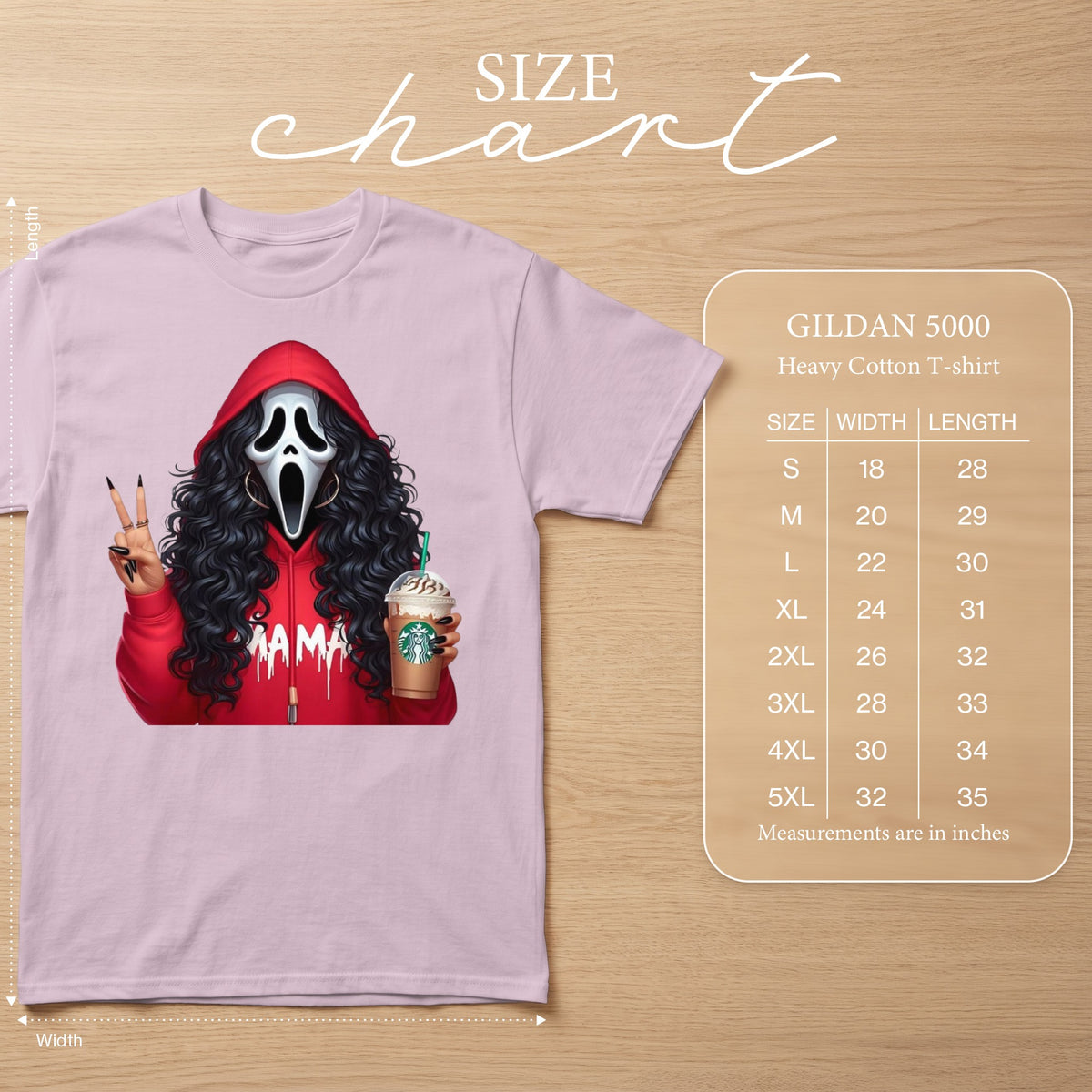 Pink t-shirt featuring Ghostface with "MAMA" text, holding Starbucks. Size chart included.