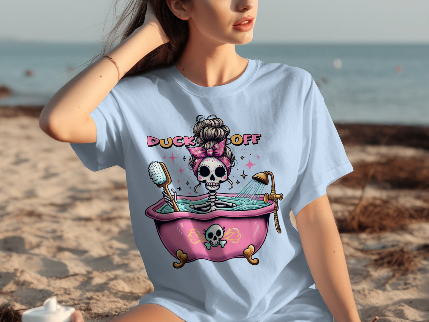 Duck Off Skeleton in Bathtub Graphic Tee Shirt