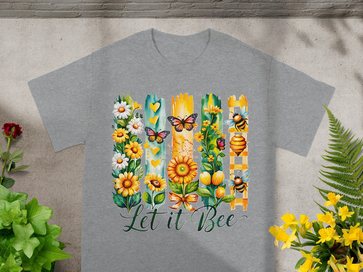 Colorful Let It Bee Floral and Butterfly Design Shirt
