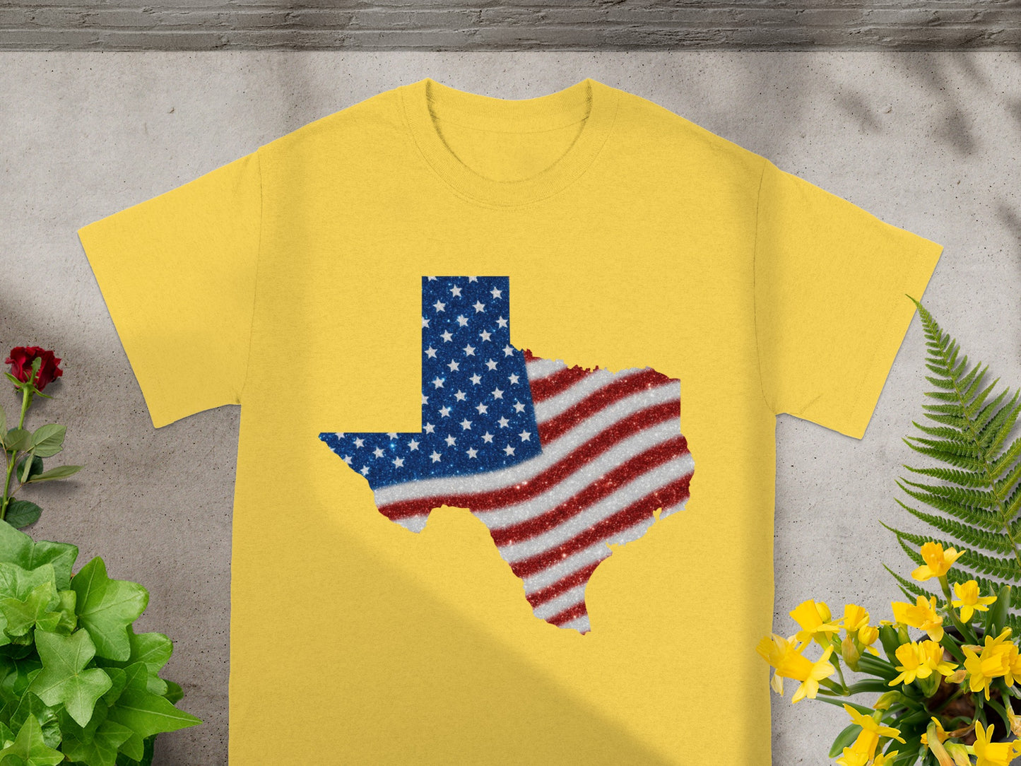 Yellow t-shirt with glittery Texas shape filled with American flag design.