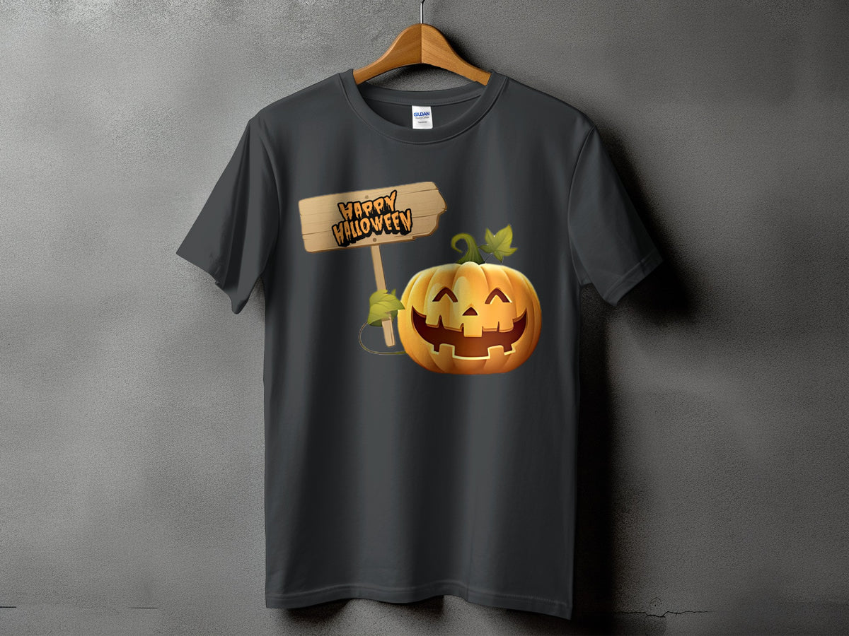 Dark grey t-shirt with a Jack-o'-lantern and "Happy Halloween" wooden sign graphic.