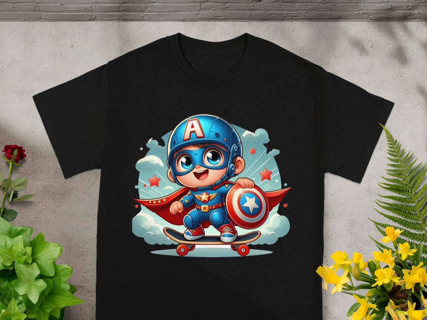Black t-shirt with cartoon superhero boy wearing a cape and riding a skateboard.