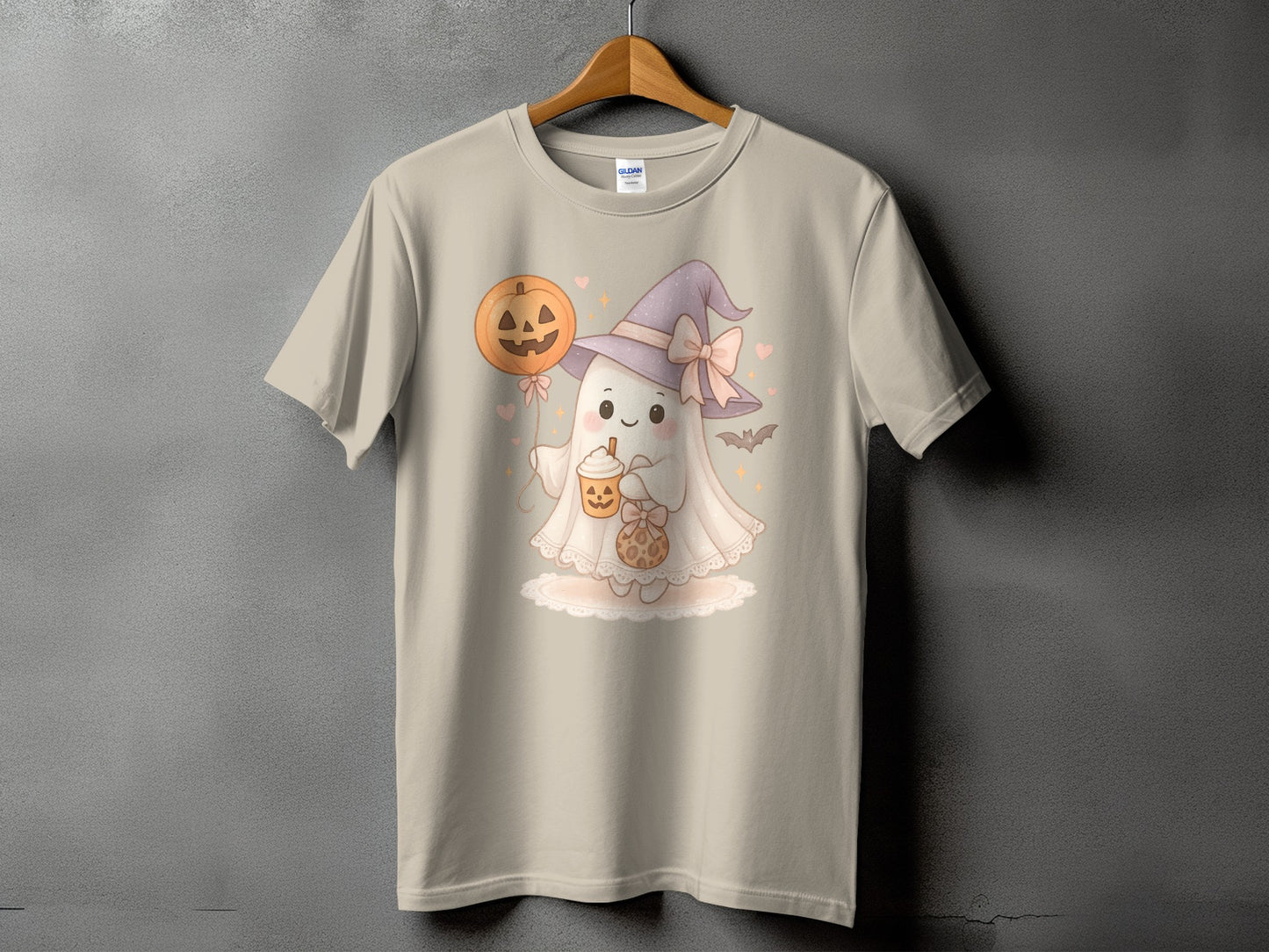 Ghost in witch hat holding pumpkin drink and cookie with pumpkin balloon.