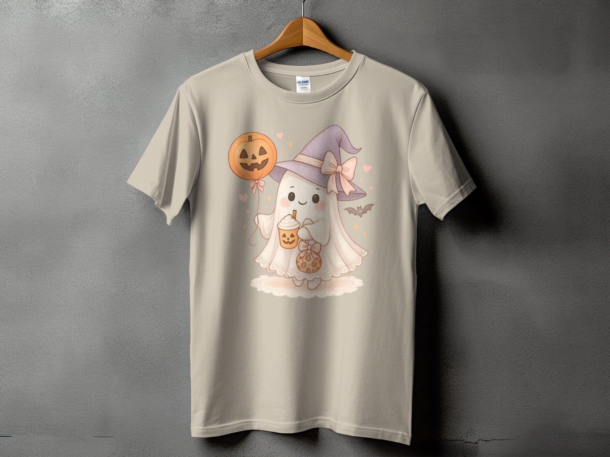 Ghost in witch hat holding pumpkin drink and cookie with pumpkin balloon.