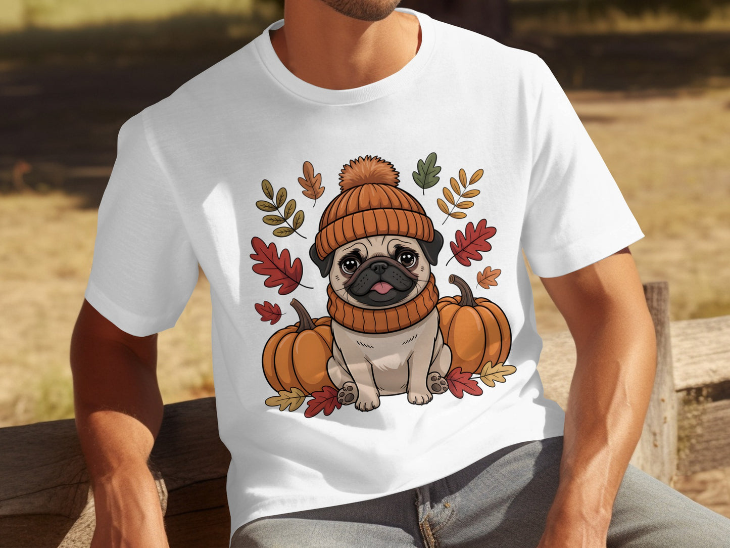 Cute Pug Wearing Beanie with Autumn Pumpkin T-Shirt