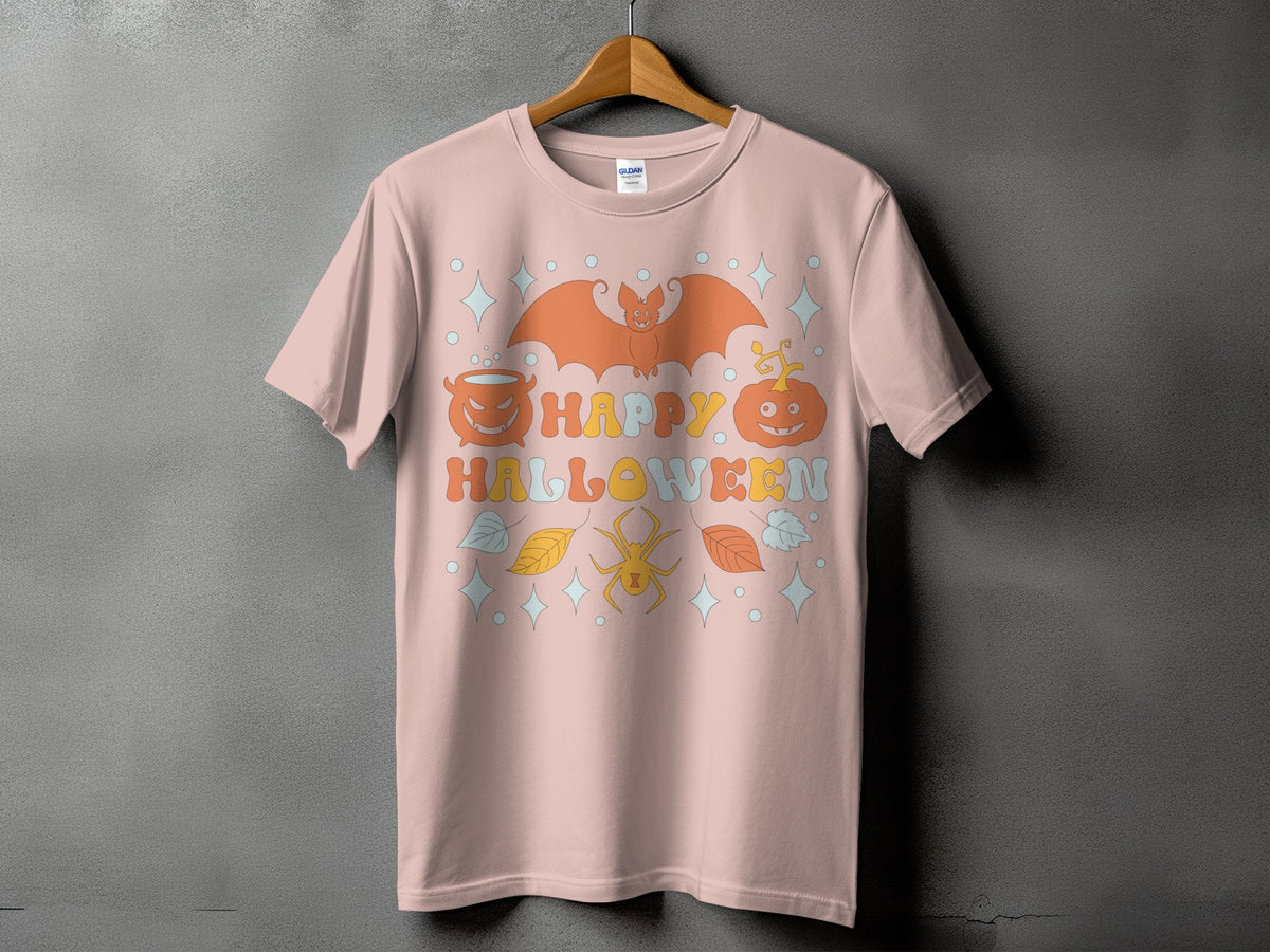 Pink t-shirt with "Happy Halloween" text and retro Halloween graphics.