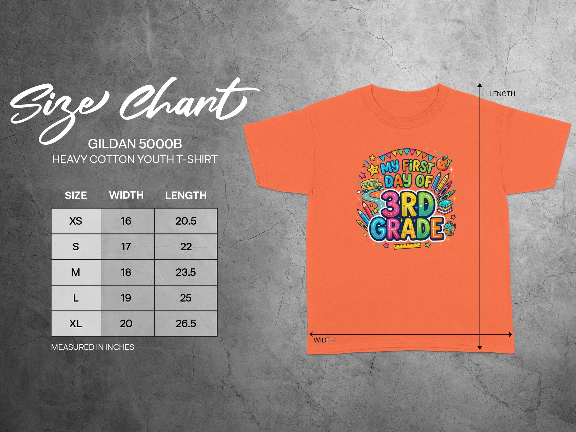 Orange youth t-shirt with "My First Day of 3rd Grade" graphic and size chart.