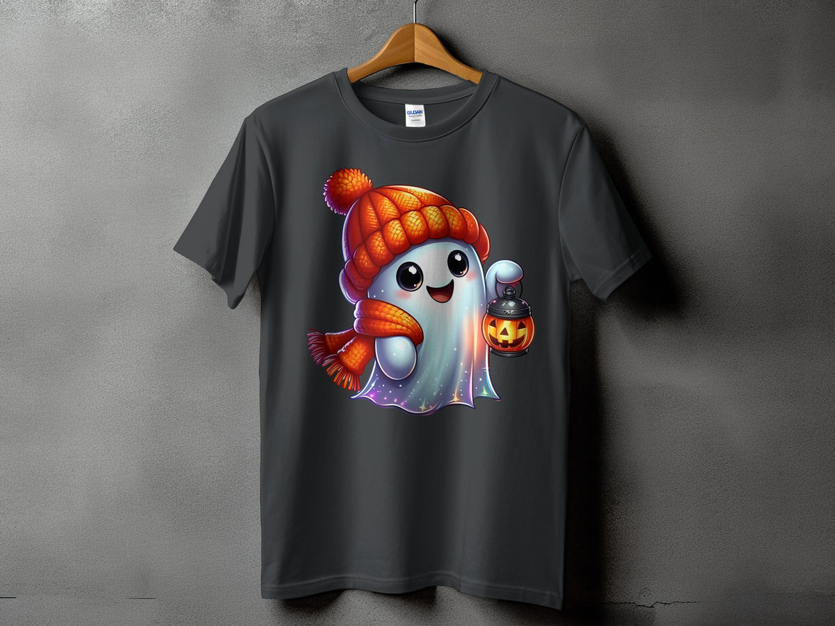 Ghost wearing winter hat and scarf holding a jack-o'-lantern.