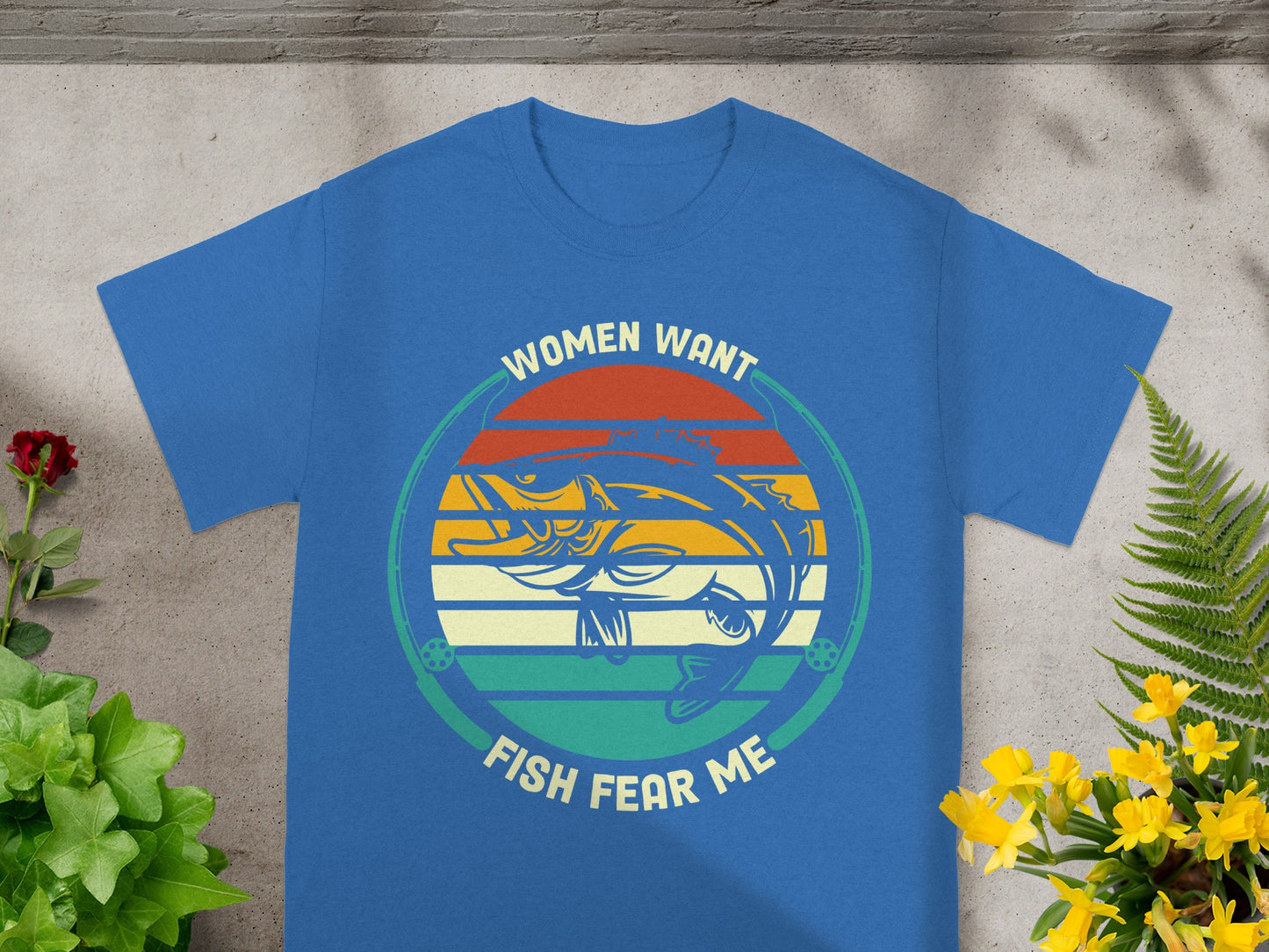 Blue t-shirt with circular graphic of fish jumping, reading "Women Want Fish Fear Me".