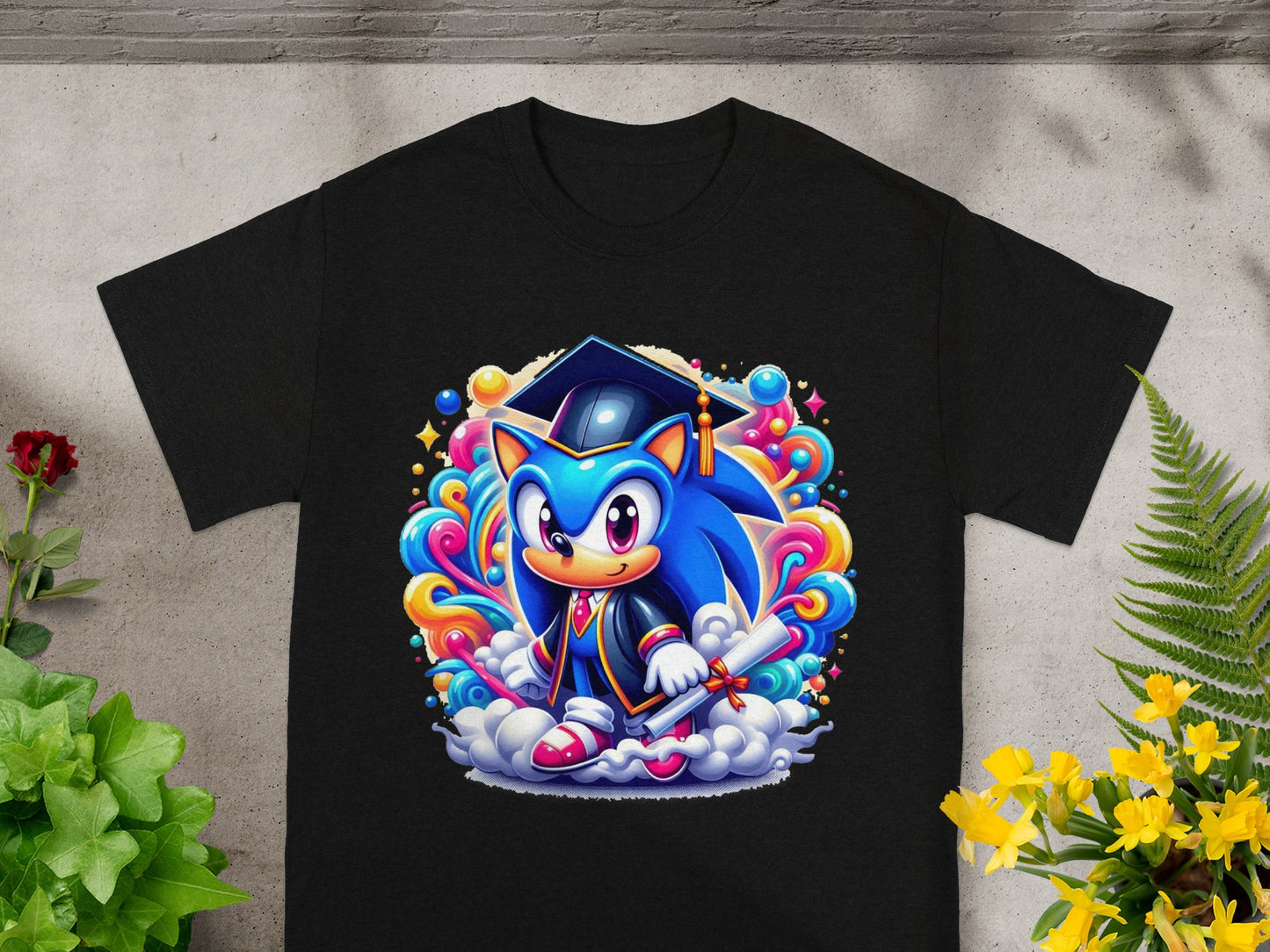 Sonic the Hedgehog wearing a graduation cap and gown, holding a diploma.