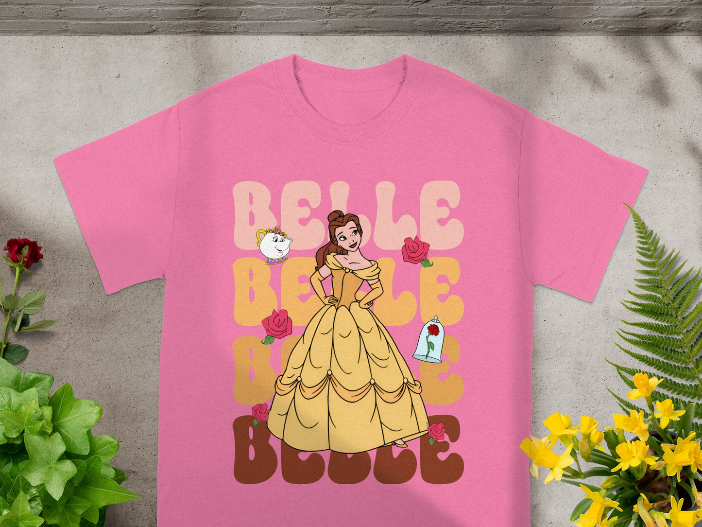 Pink t-shirt with Belle and Chip from Beauty and the Beast design.