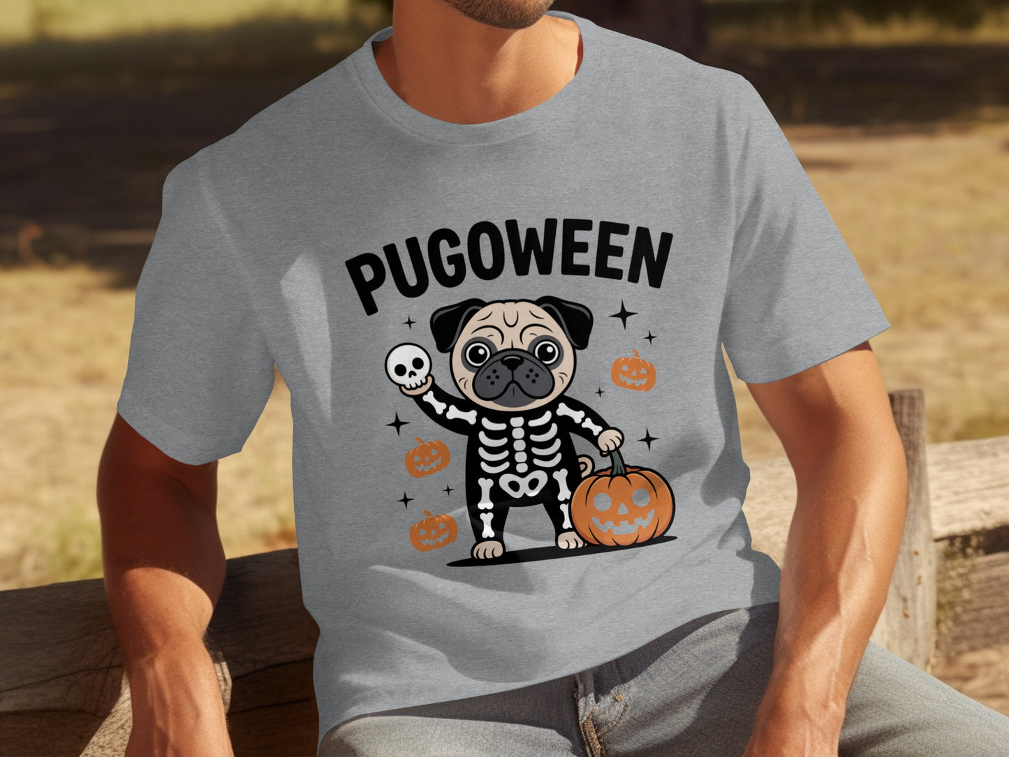 Pugoween Skeleton Pug Graphic Halloween T-Shirt