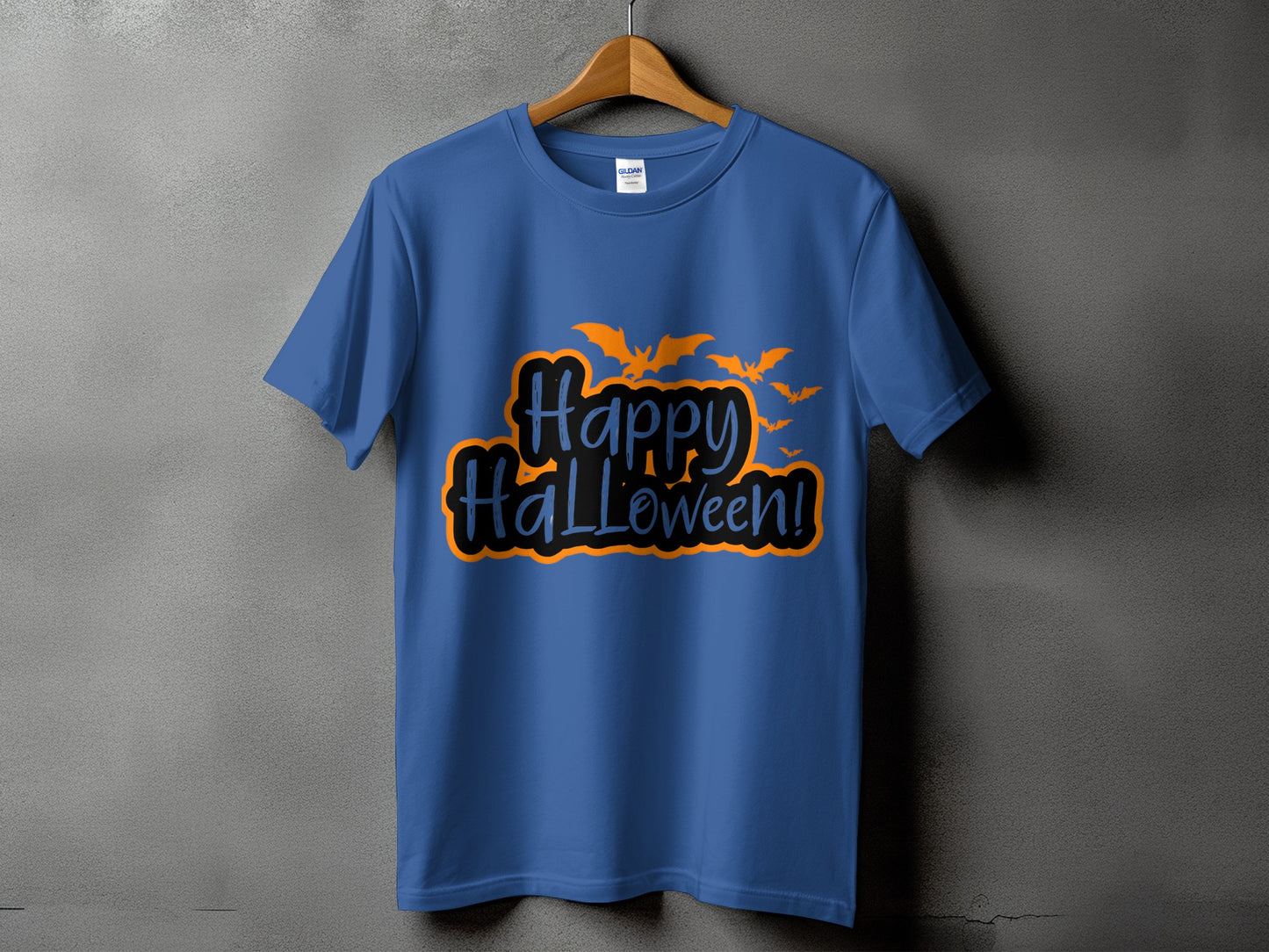 Blue t-shirt with orange bats and "Happy Halloween!" text.