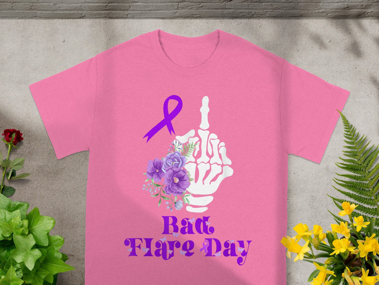 Bad Flare Day Skeleton Floral Ribbon Graphic T-Shirt