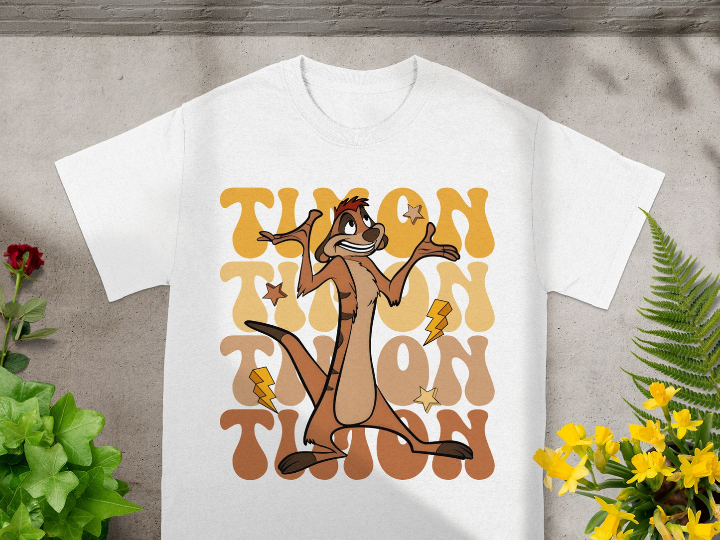 Timon from The Lion King on a retro-style graphic t-shirt.