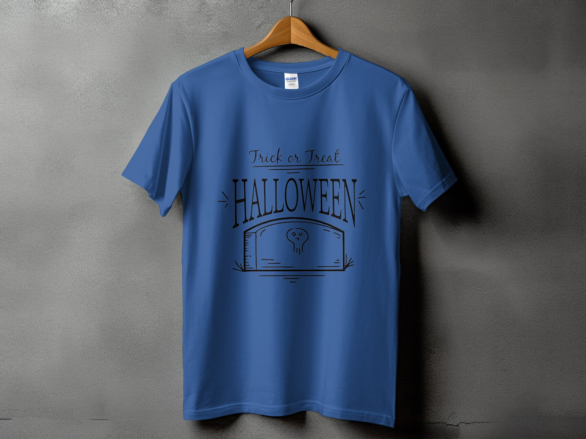 Blue t-shirt with "Trick or Treat HALLOWEEN" text and skull.