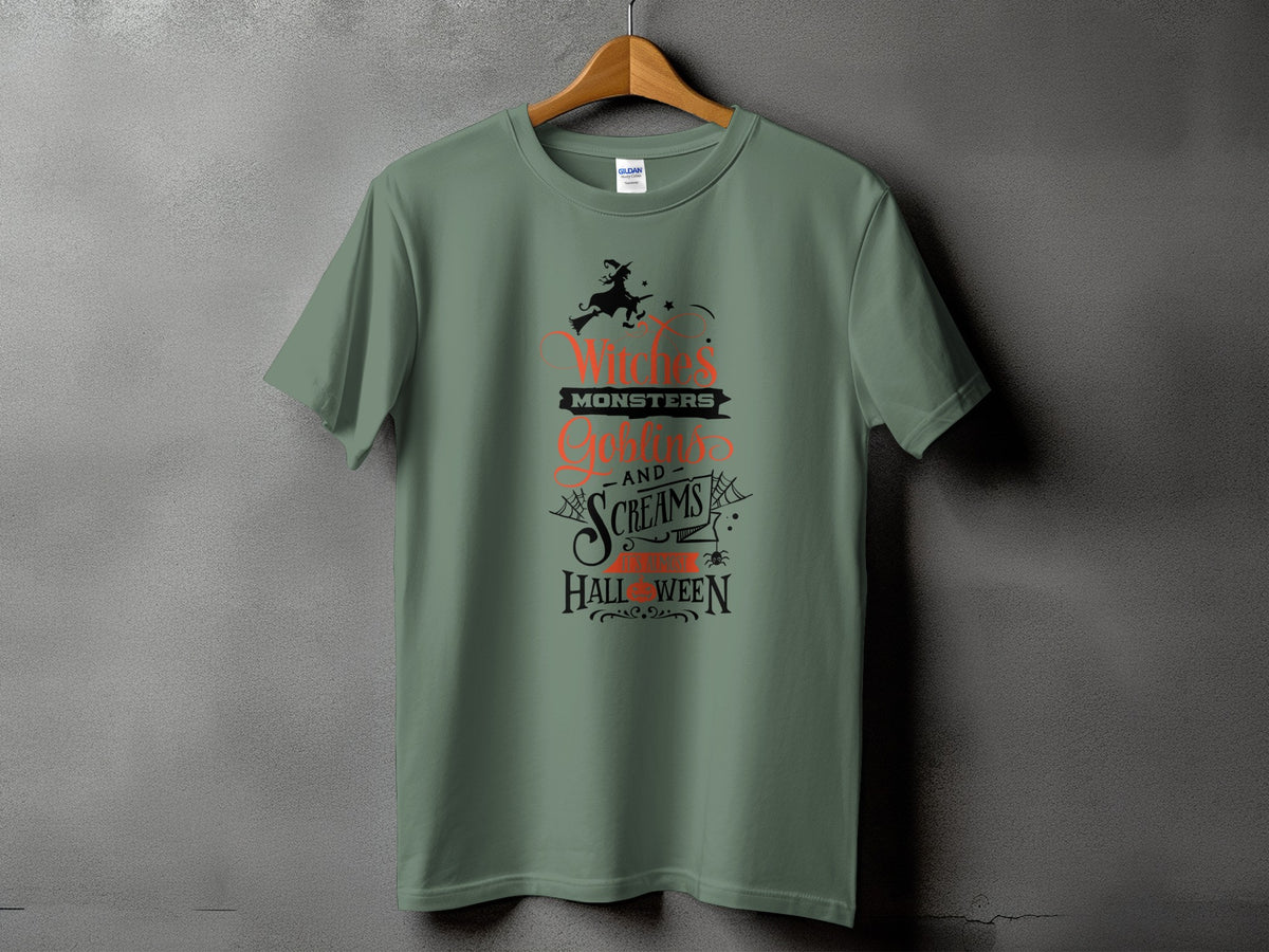 Green t-shirt with Halloween text and graphic: "Witches' Monsters, Goblins' Screams and Spooky Halloween."
