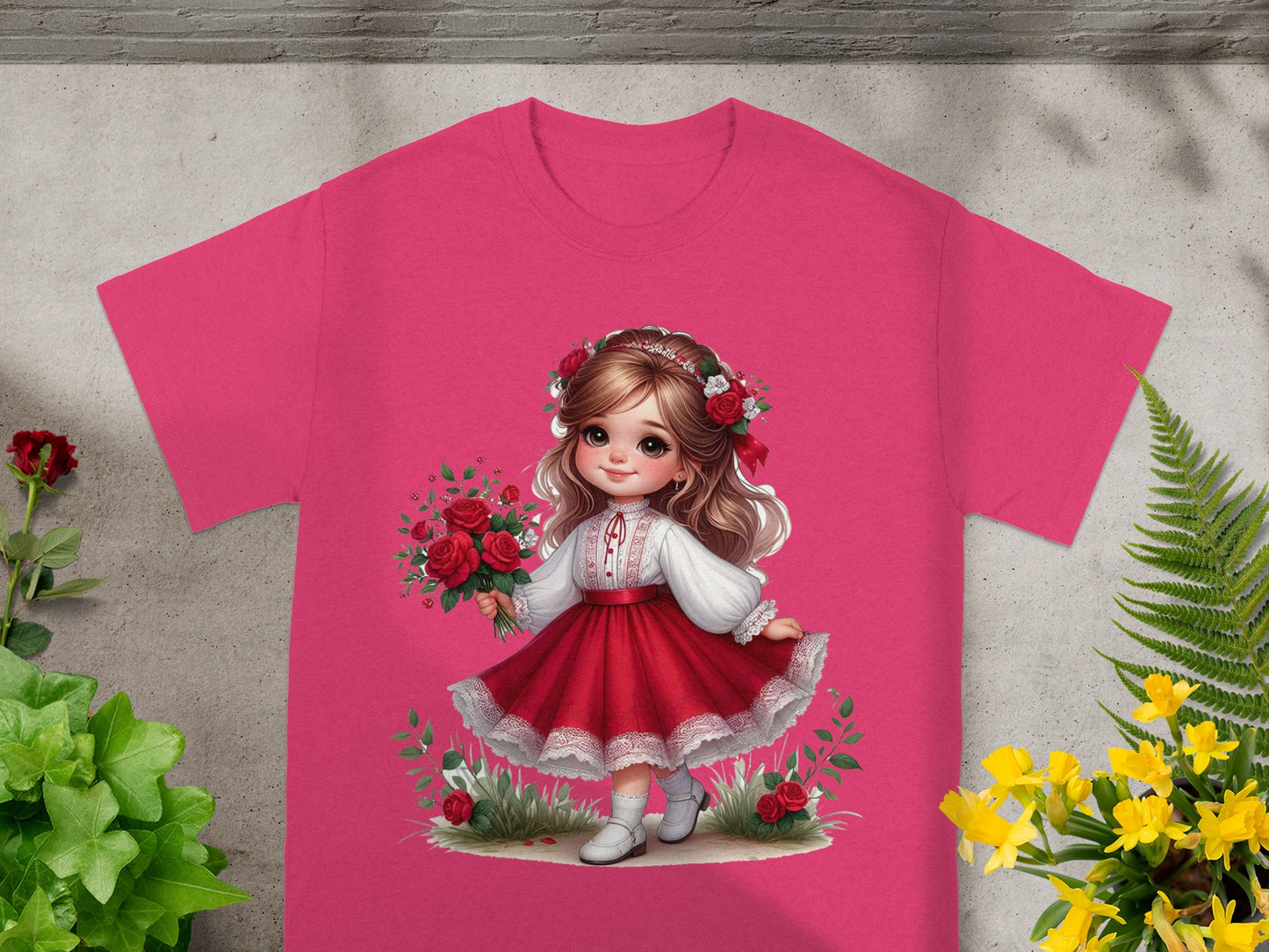 Pink t-shirt featuring a cartoon girl with flowers, red dress, and white lace trim.
