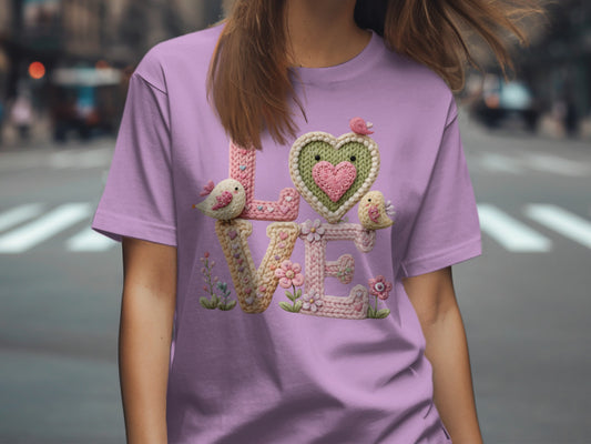 Cute Knitted Love Design with Birds Graphic T-Shirt