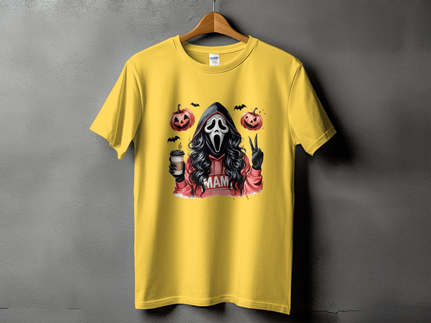 Yellow t-shirt with a Ghostface character, pumpkins, and bats graphic.