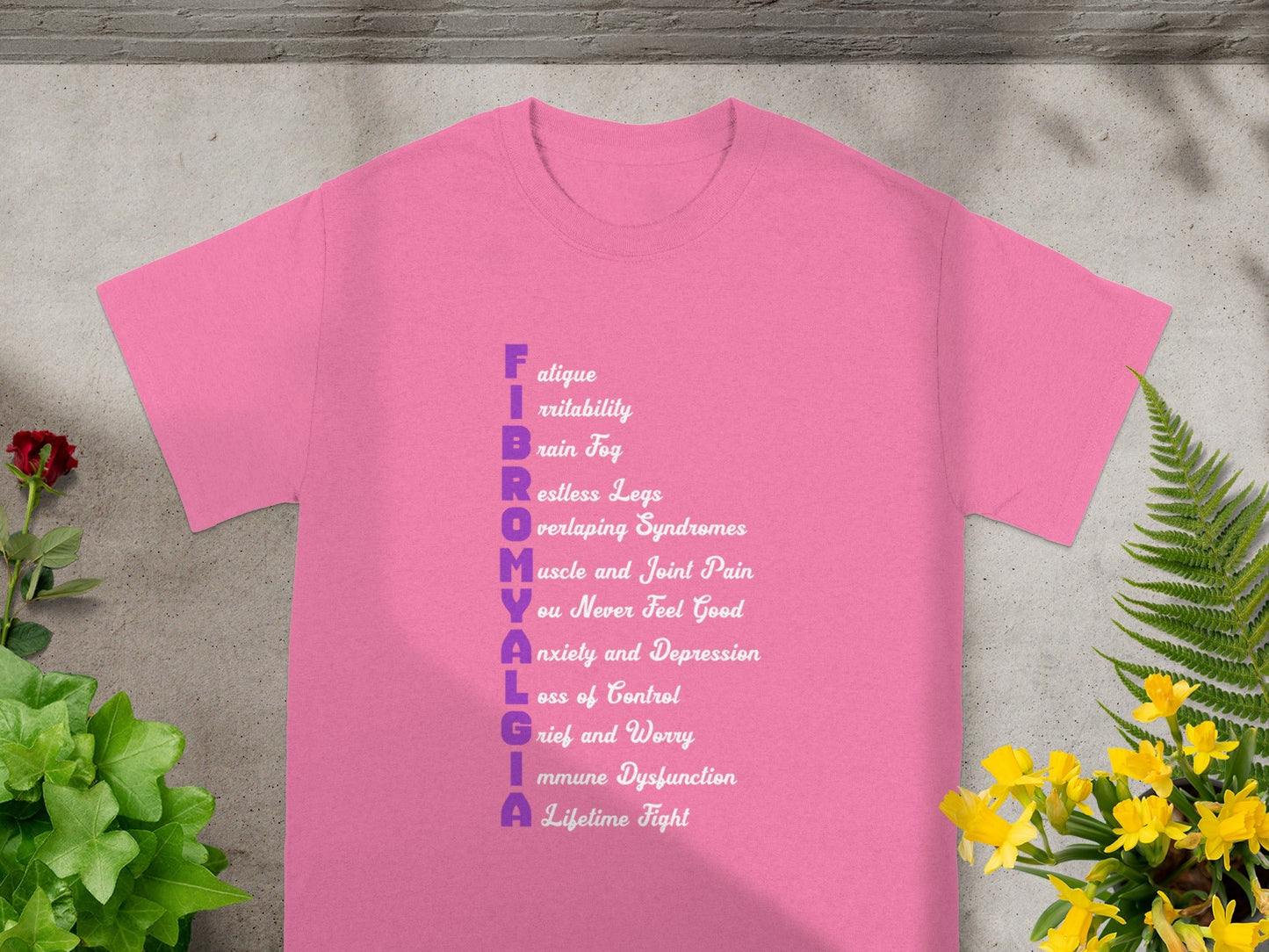 Fibromyalgia Awareness Pink T-Shirt with Symptoms List