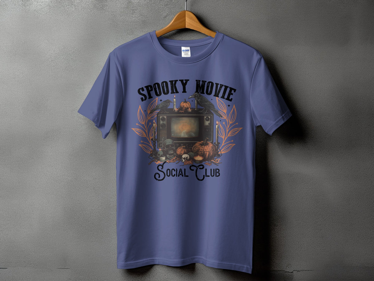 Purple t-shirt with "Spooky Movie Social Club" Halloween graphic.