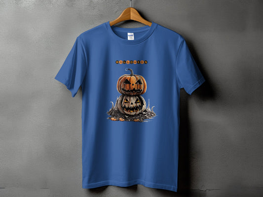 Blue t-shirt with stacked jack-o'-lanterns and the word HALLOWEEN.