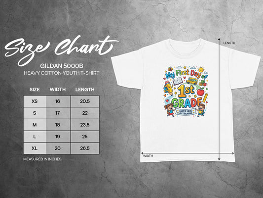 Gildan 5000B youth t-shirt size chart with width and length measurements in inches.