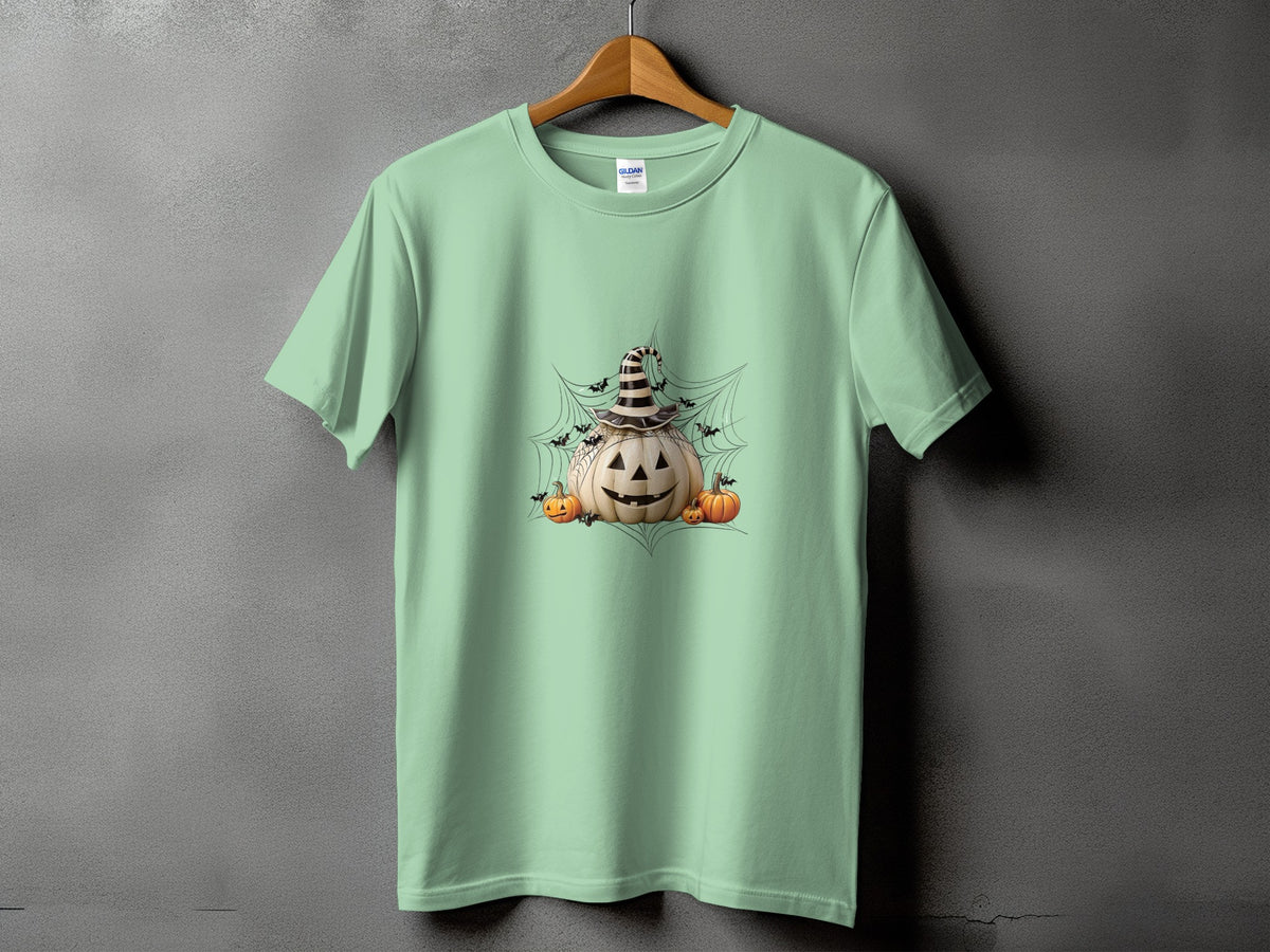 Light green t-shirt with a Halloween pumpkin design featuring spiders and bats.