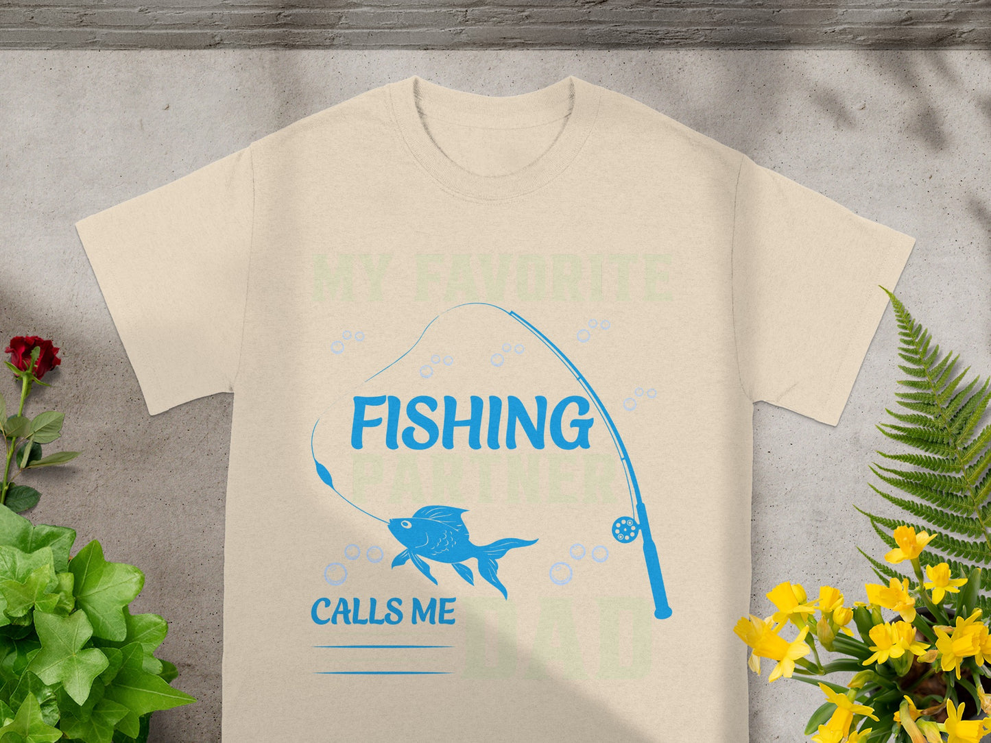 Cream t-shirt with "FISHING CALLS ME" text, a fish, and a fishing rod design.