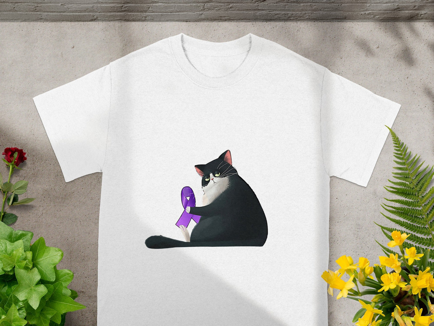 Cat with Purple Ribbon Graphic Design T-shirt