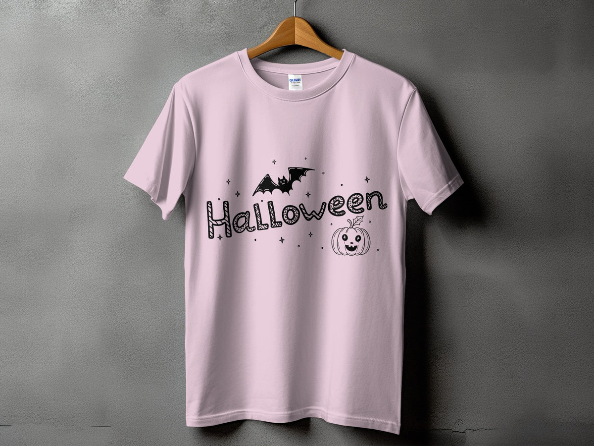 Pink t-shirt with black Halloween text, bat, and pumpkin graphic.