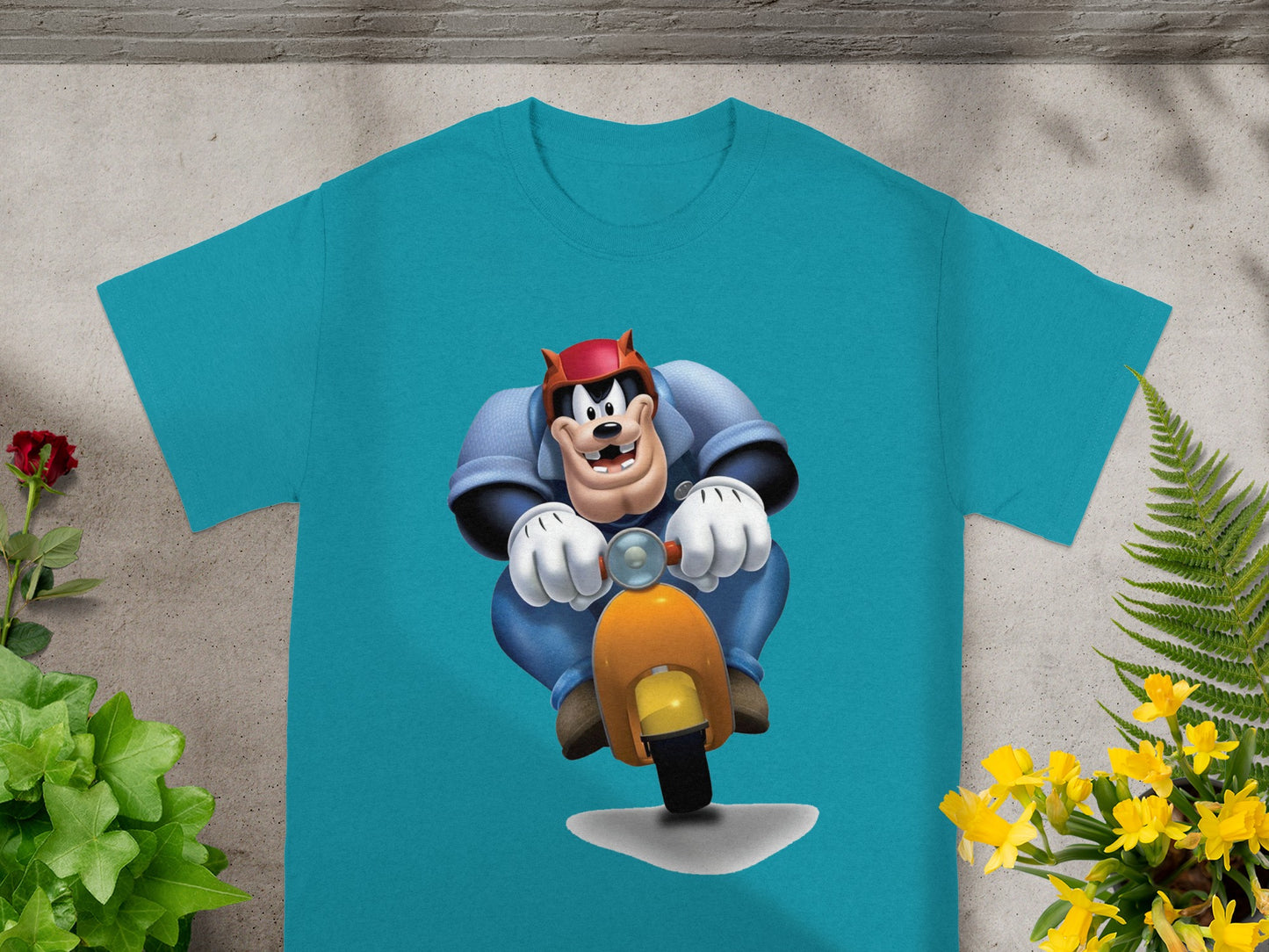 Goofy riding an orange scooter with a blue background.