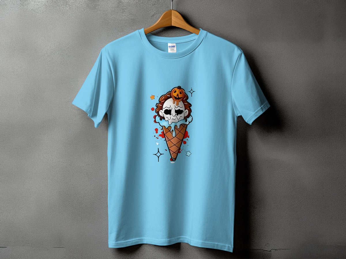 Light blue t-shirt with a Halloween ice cream cone graphic.