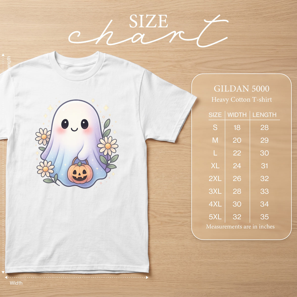 White Gildan 5000 Heavy Cotton T-shirt with a cute ghost graphic and size chart.