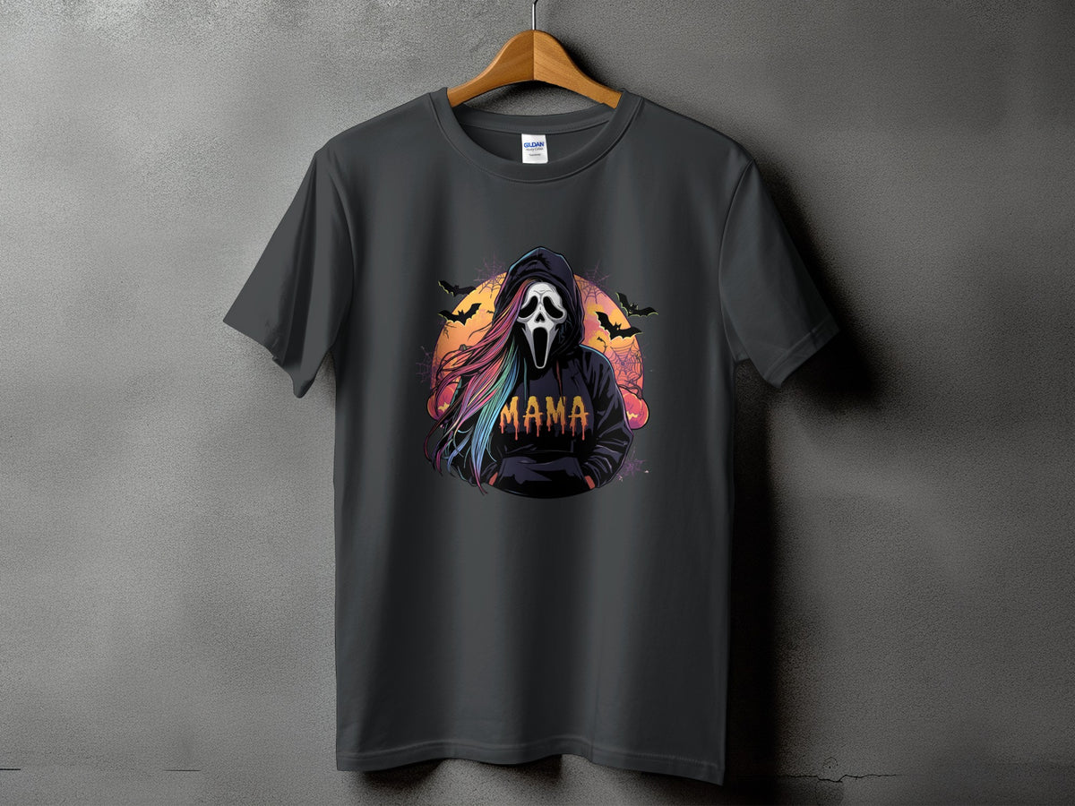 Dark grey t-shirt with Ghostface mask, rainbow hair, bats, and "Mama" text.