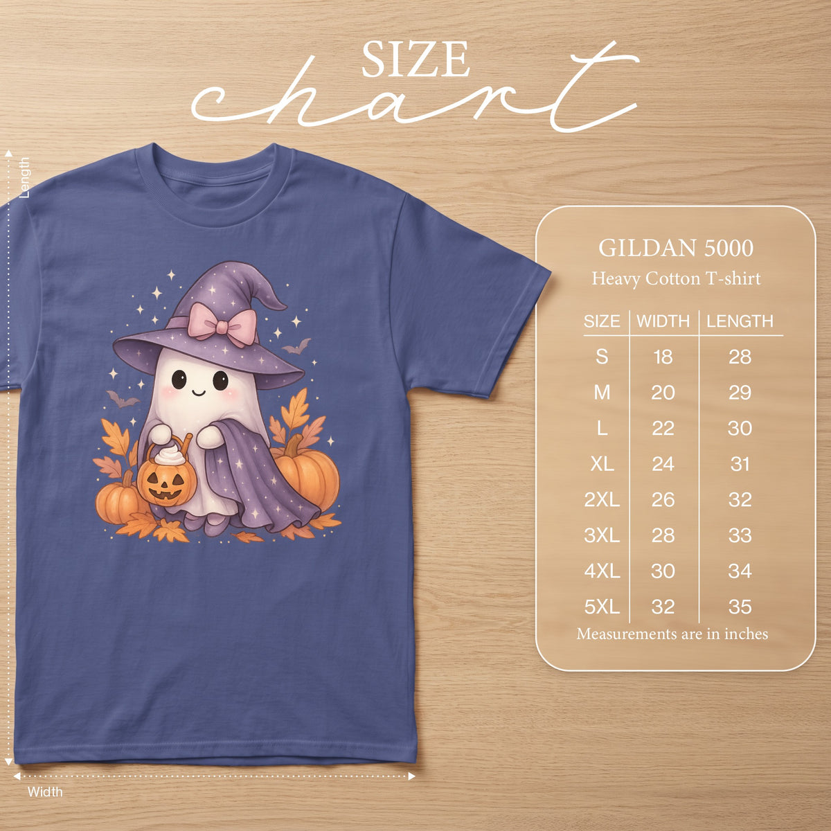 Size chart for Gildan 5000 Heavy Cotton T-shirt with cute ghost and pumpkins.