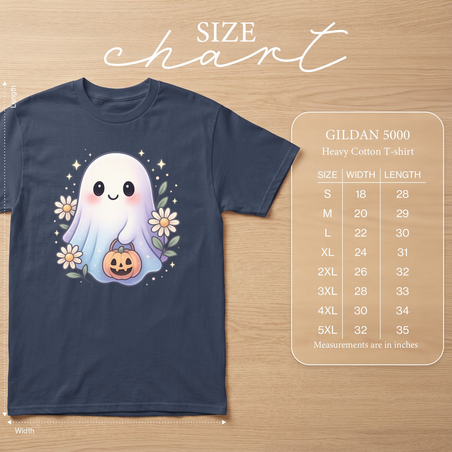 GILDAN 5000 Heavy Cotton T-shirt size chart with ghost graphic.