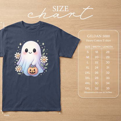GILDAN 5000 Heavy Cotton T-shirt size chart with ghost graphic.