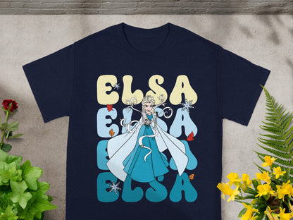 Navy t-shirt with Elsa from Frozen text and character graphic.