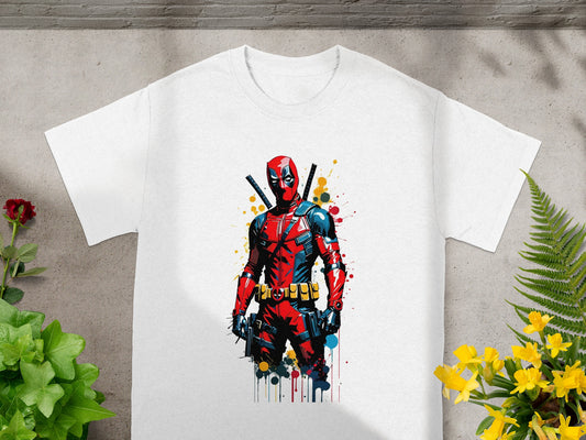 White t-shirt with Deadpool comic art and paint splatters.