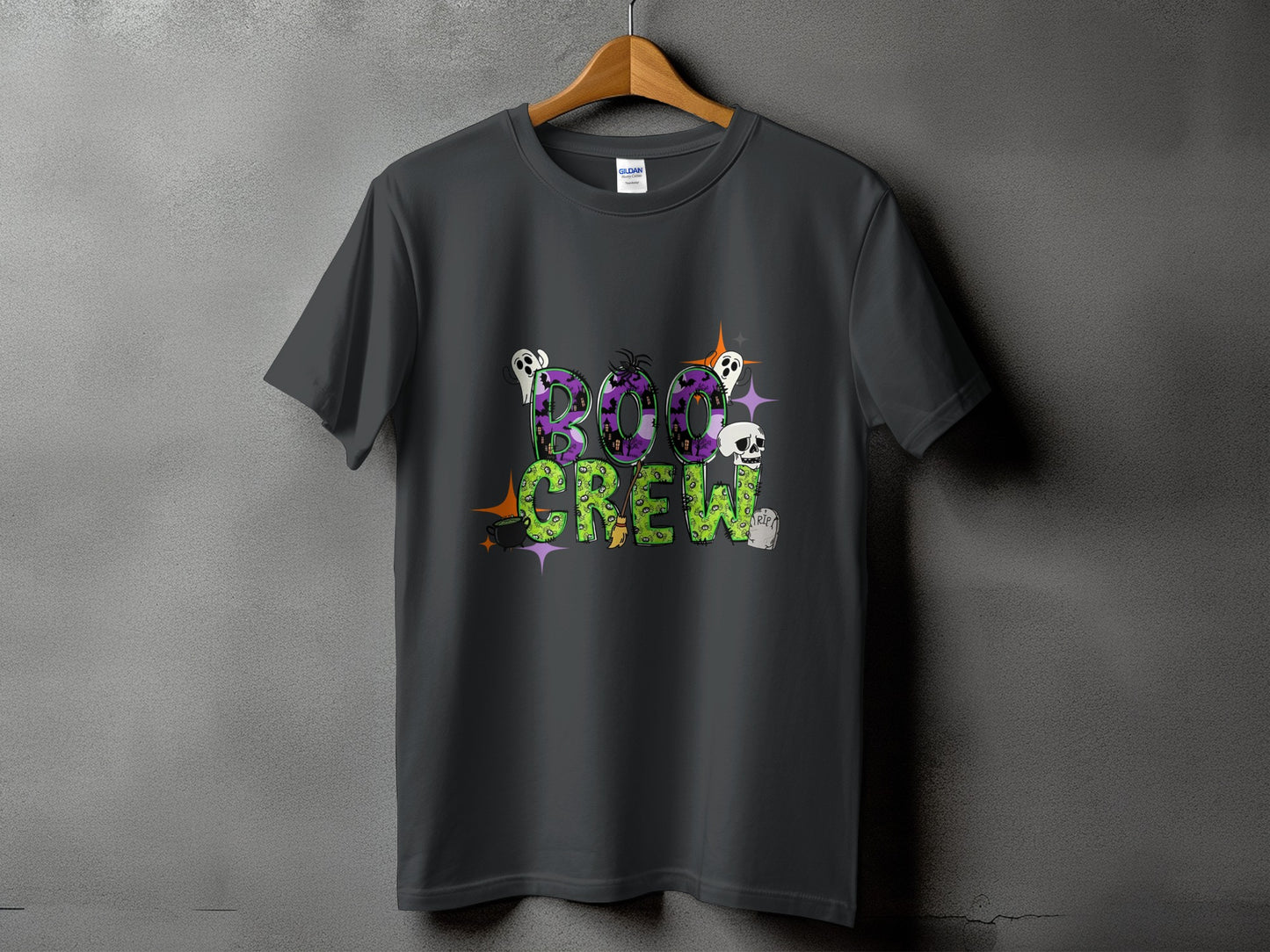 Dark grey t-shirt with "Boo Crew" Halloween graphic featuring ghosts and skulls.