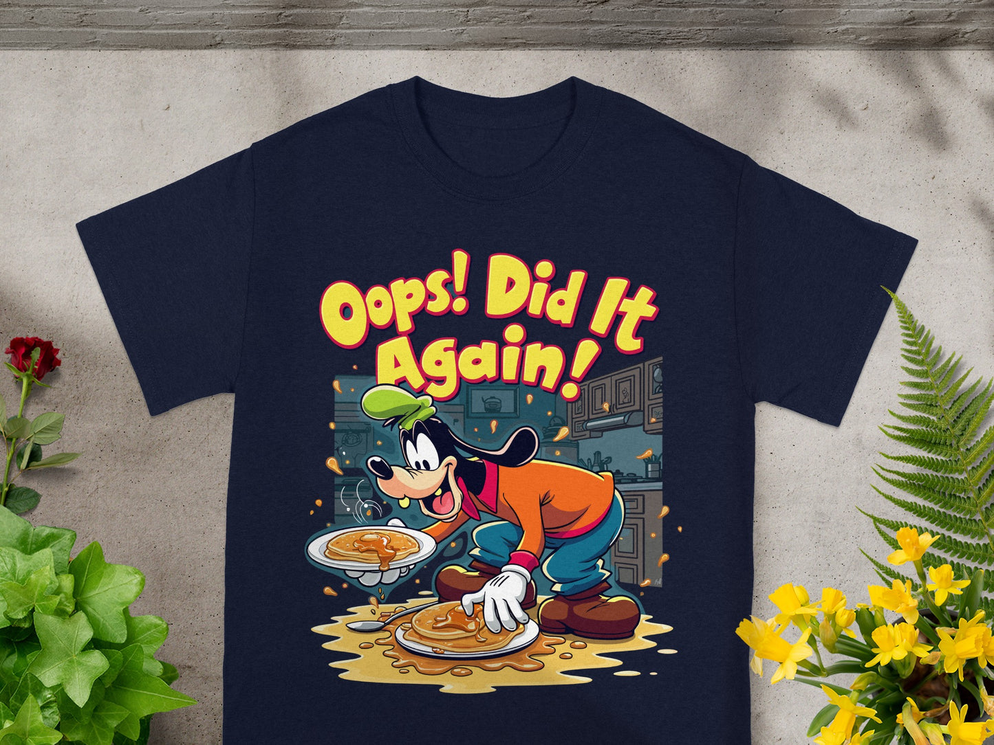 Goofy character with pancakes and text "Oops! Did It Again!"