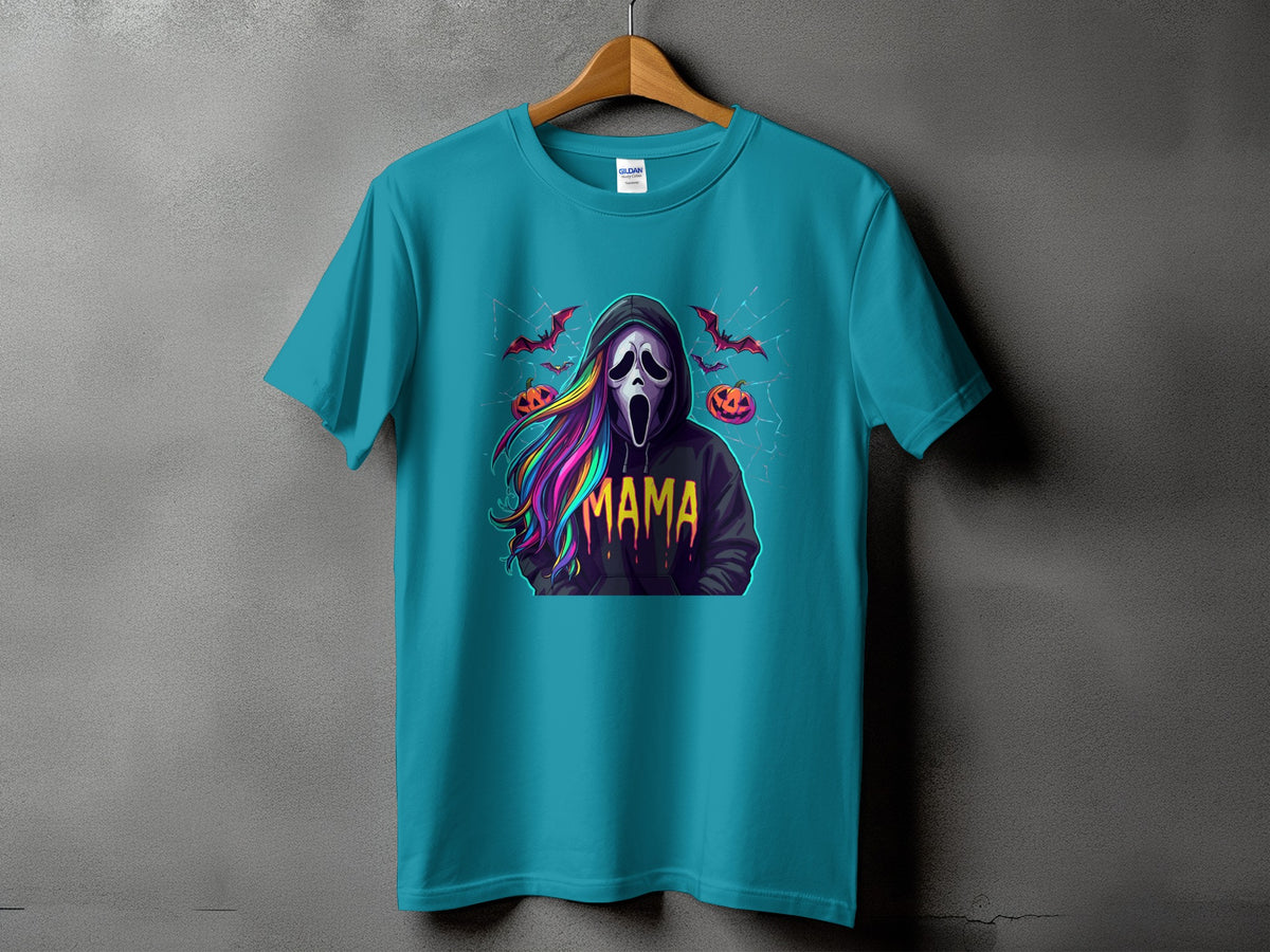 Teal t-shirt with a scream mask graphic and "MAMA" text, Halloween themed.
