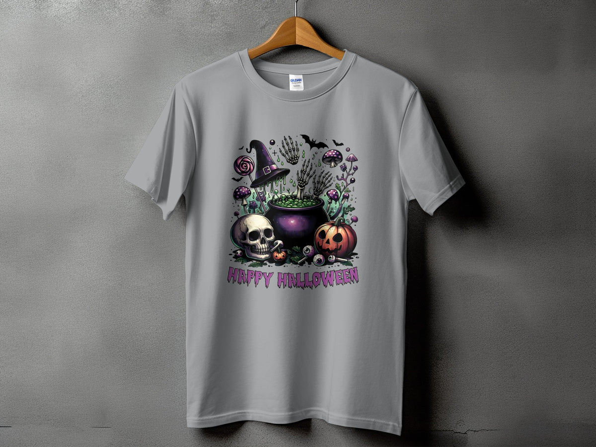Grey t-shirt with Halloween graphic featuring cauldron, skull, pumpkin, bats, and "Happy Halloween" text.