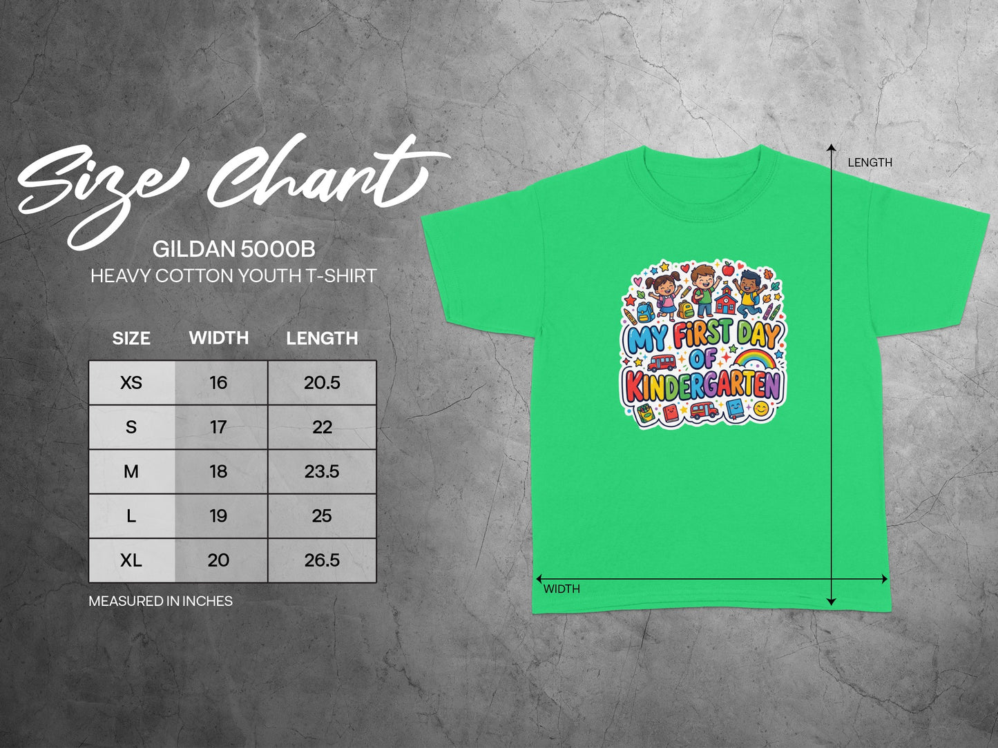 Green youth t-shirt with "My First Day of Kindergarten" graphic and size chart.